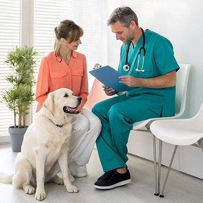 dog with vet in clinic